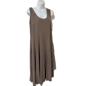 Monoreno Tan Linen Blend Midi Dress~M~ Sleeveless Gored Crochet Panel Fairy Boho